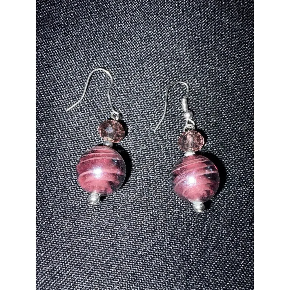 Vintage Pink Stone Purple Bead Fashion Earrings, Dangle Earrings Handmade